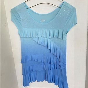 Justice Girls Size 12 Short-Sleeve Ruffled/Sequined Stretch Shades of Blue Top
